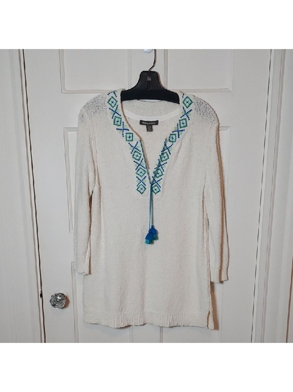 Tommy Bahama Eden Bay Tassel Tunic Sweater In Ivory W Blue Green Embroidery SZ L